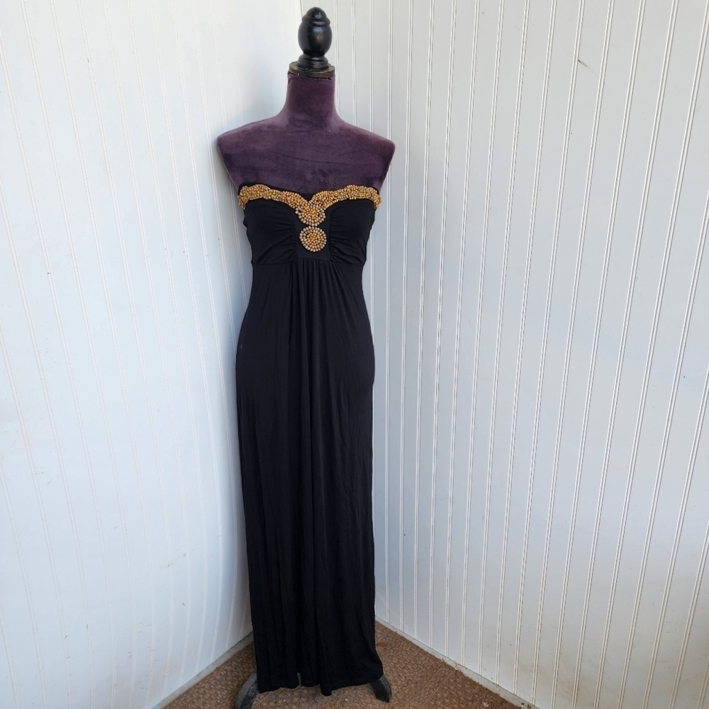DESIGN HISTORY Womens Long BLACK Wooden BEADED MAXI Dress Stretch Strapless S